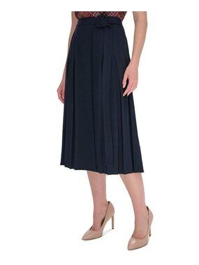 Tommy Hilfiger Women's Belted Midi Pleat Skirt Navy Blue Size 12 MSRP $119
